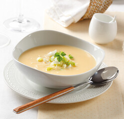 bowl with milk soup decorated with leek
