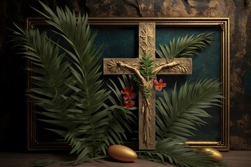 Palm Sunday with cross background, Christian moveable feast that falls on the Sunday before Easter, Christ triumphal entry into Jerusalem. Generative ai - obrazy, fototapety, plakaty