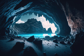 Blue cave with beautiful blue water with mountain on the middle