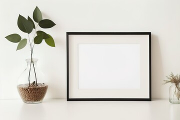 Blank picture frame mockup on desk. Scandinavian minimalist style. Interior items. Vases with dried flowers. Generative AI.