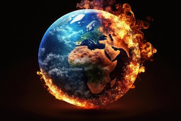 Planet earth on fire, climate change. Generative AI