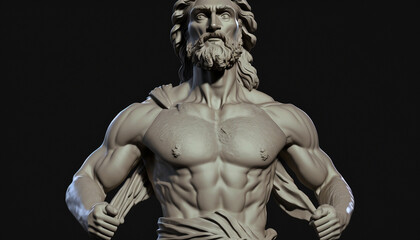 Fototapeta na wymiar Majestic man with beard, statue in Greek style, gray marble. Antiquity. Generative AI.