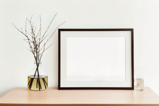 Blank picture frame mockup on desk. Scandinavian minimalist style. Interior items. Vases with dried flowers. Generative AI.