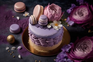 Beautiful purple cake decorate of fresh flowers, macaroons and meringue. Love concept, Wedding cake, birthday cake, spring background, AI generated