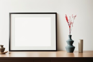 Blank picture frame mockup on desk. Scandinavian minimalist style. Interior items. Vases with dried flowers. Generative AI.