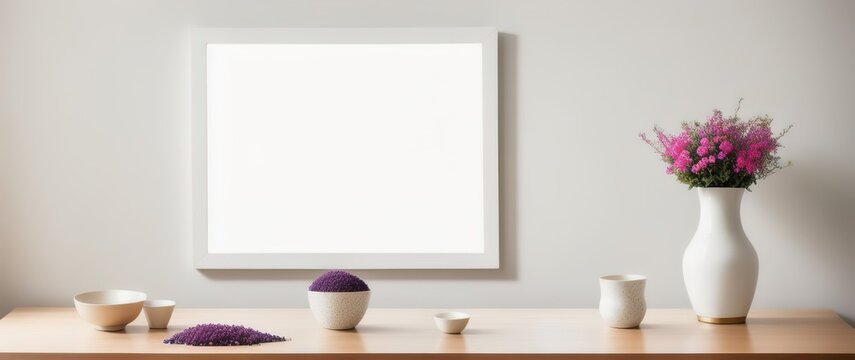 Blank picture frame mockup on desk. Scandinavian minimalist style. Interior items. Vases with dried flowers. Generative AI.