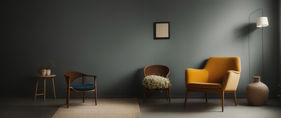 Blank picture frame mockup on desk. Scandinavian minimalist style. Interior items. Armchairs against the wall.  Generative AI.