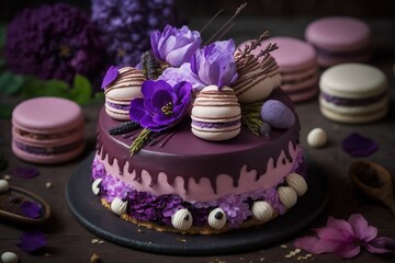 Beautiful purple cake decorate of fresh flowers, macaroons and meringue. Love concept, Wedding cake, birthday cake, spring background, AI generated