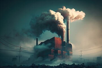 Smoke coming out of the chiimney of a factory. Generative AI