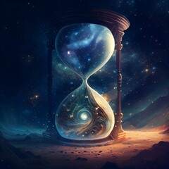 Hourglass with universe inside, galaxy inside hourglass, digital illustration, Generative AI - obrazy, fototapety, plakaty