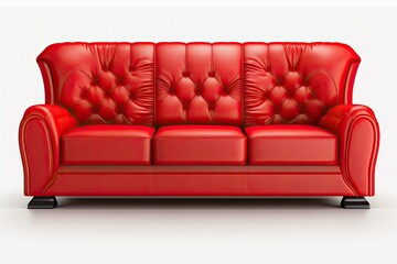 Red Leather Couch, Front View, White Background, Isolated. Generative AI