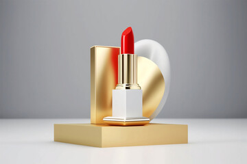 Red lipstick on a golden and white square podium on grey background. Generative ai - obrazy, fototapety, plakaty