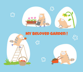 Gardening cat collection. Cute cat picking apples, cat watering the flowers , cat is resting and sunbathing . Vector illustration set.