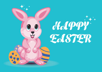 Easter greeting card with a cute pink bunny.with colored Easter eggs