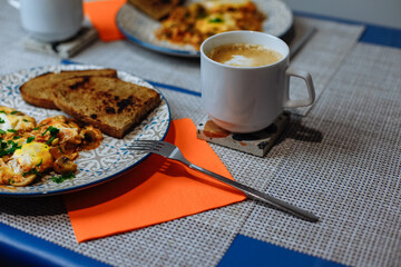 Morning breakfast with toast and coffee