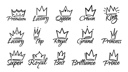 Regal calligraphy crown sign. King, queen, princess and royal luxury emblems with hand drawn crowns. Crowned text vector set. Doodle premium, luxury or top accessory as tiara or diadem