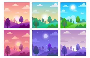 Different times of day landscapes. Noon sun and night moon over field, morning sunrise and evening sunset vector background illustration set. Summer or spring season at midnight or midday