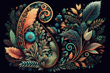 Floral and vintage leaves abstract colorful paisley pattern background on black background as digital illustration (generative AI)