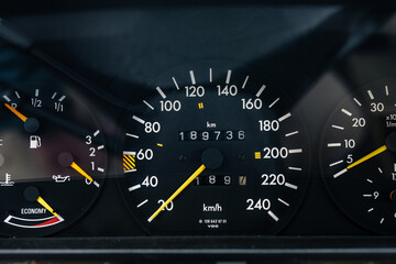 Front view of the instrument cluster and dashboard of a luxury German-made car with speedometer and...