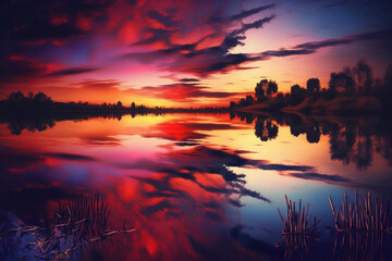 Vibrant Sunset Over Tranquil Lake. Colorful Sky, Water Reflections.