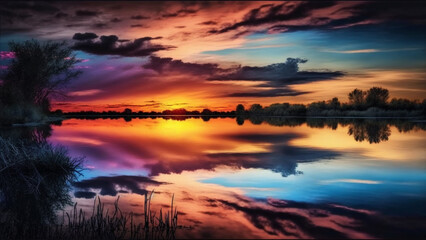 Colorful Sunset Over Peaceful Lake. Vibrant Sky, Reflective Waters.