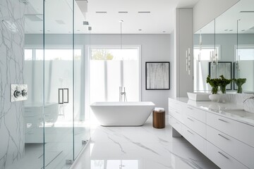 Naklejka na ściany i meble A glass enclosed shower, a freestanding tub, plenty of mirrors, a toilet hidden behind a privacy wall, and sleek white cupboards characterize the roomy master bathroom. Generative AI