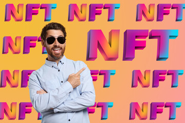 Happy man in sunglasses surrounded by abbreviations NFT on color background - obrazy, fototapety, plakaty