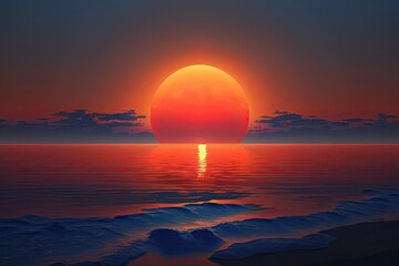 A reddish orange sun rises over a blue ocean. Generative AI