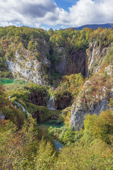 Fototapeta na wymiar General view of the big waterfall also known as Veliki Slap in the Plitvice Lakes National Park