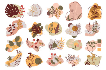 Set concept Abstract backgrounds without people scene in the flat cartoon design. Image with various plants and abstract figures on the background. Vector illustration.