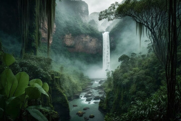 Waterfall’s Majesty in Heart of Vibrant Rainforest. Tropical Beauty, Nature’s Grandeur.