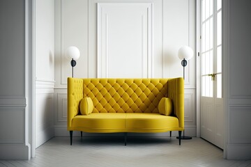 A sleek yellow modern sofa on a white parquet floor. Generative AI
