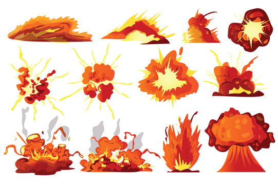 Cartoon dynamite or bomb explosion set concept without people scene in the flat cartoon design. Image of explosions on a white background. Vector illustration.