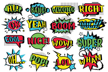 Comic bubbles set concept without people scene in the flat cartoon design. Image of cool inscriptions in the style of comic bubbles. Vector illustration.