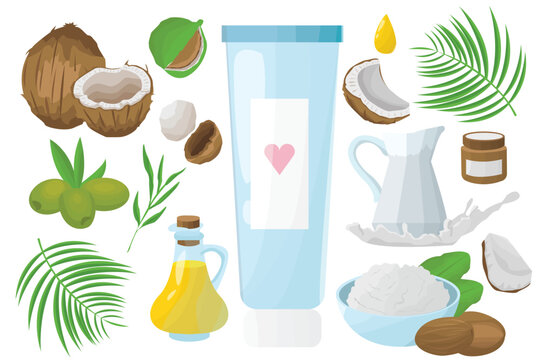 Set concept Cream ingredients(coconut and milk) without people scene in the flat cartoon design. Image of the cream and the products in its composition. Vector illustration.