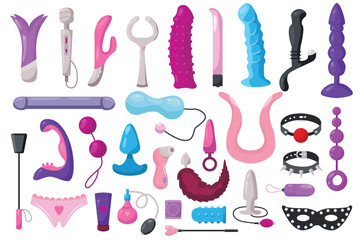Cute sex toy set set concept without people scene in the flat cartoon design. Image of various sex toys that make sex life more interesting. Vector illustration. - obrazy, fototapety, plakaty