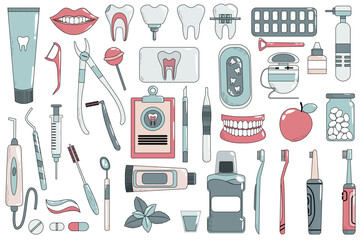 Dentistry set concept without people scene in the flat cartoon design. Images of various tools and medicines for dental care. Vector illustration.