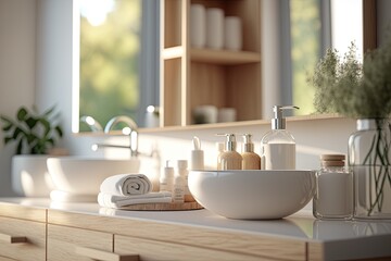 Fototapeta premium Display, advertising, and promotion idea shot of a luxury modern bathroom with a blurred white wood countertop in the front, taken in the morning. Generative AI