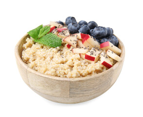 Bowl of delicious cooked quinoa with apples, blueberries and chia seeds isolated on white