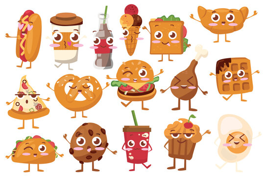 Fast food emotions set concept without people scene in the flat cartoon style. Images of cute pictures with a fast food. Vector illustration.