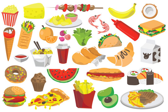 Food and dishes set concept without people scene in the flat cartoon style. Image of various harmful and healthy dishes. Vector illustration.