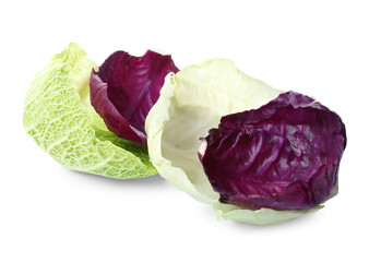 Different fresh cabbage leaves on white background