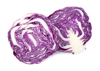 Halves of radicchio fresh cabbage on white background, top view