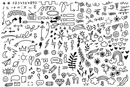 Hand-drawn doodle elements set icons concept without people scene in the flat cartoon style. Image of various drawn elements. Vector illustration.
