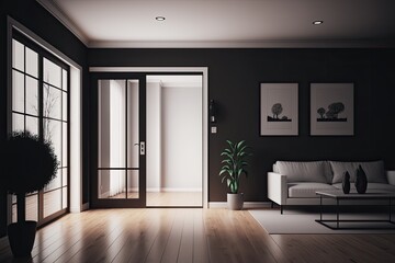 Fototapeta na wymiar depiction of a dark and empty living room with a white wall and a wooden floor and a sliding glass door. Remodel, Purchase a New Home, Obtain a Home Loan, Purchase Real Estate, Create a Mockup of Your