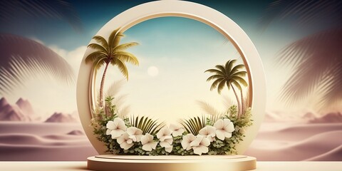 3D podium with copy space for product presentation on abstract Hawaii Palm Beach background. Minimalistic concept of tropical summer and vacation. Frame with flowers near podium background of palm. 