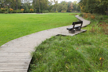 Wooden bench near pathway in beautiful public city park