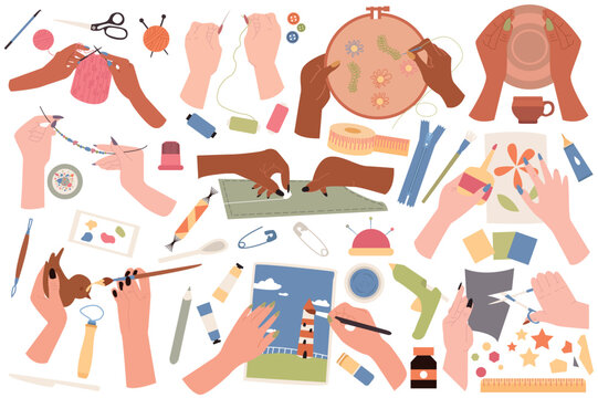 Human hands create handmade crafts set icons concept without people scene in the flat cartoon style. People make different things with their hands. Vector illustration.