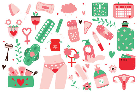 Menstruation stickers set set icons concept without people scene in the flat cartoon design. Image of feminine hygiene items needed during menstruation. Vector illustration.