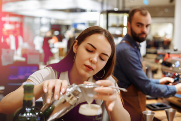 A man and a girl make coffee at a coffee machine in a coffee shop